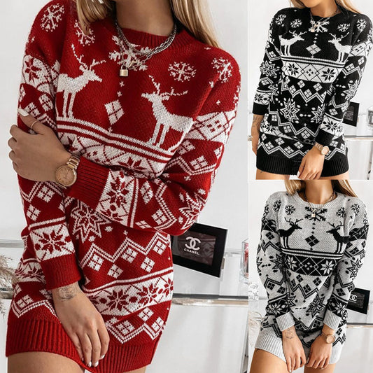 Elk Snowflake Christmas Jacquard Knitted Dress