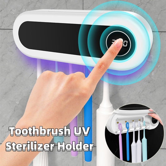 Wall Mounted Toothbrush Holder Smart UV Sterilizer with Toothpaste Dispenser & Squeezer for Bathroom Accessories