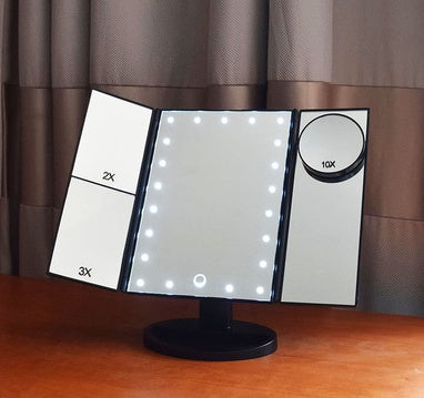 360° LED 3-Sided Desktop Makeup Mirror with Lamp – Adjustable Magnification & Lighting