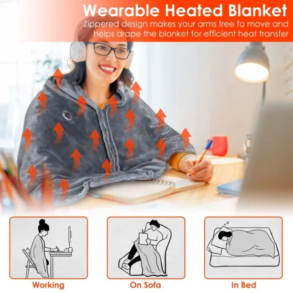 USB Heated Blanket - 59 x 31 in Heated Poncho Shawl Wrap with Zipper, Washable Electric Heated Blanket for Home and Office