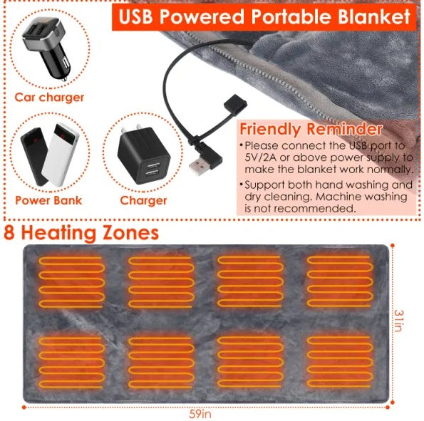 USB Heated Blanket - 59 x 31 in Heated Poncho Shawl Wrap with Zipper, Washable Electric Heated Blanket for Home and Office