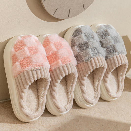 Plaid Plush Slippers for Women - Indoor Soft Sole Non-Slip Warm House Shoes